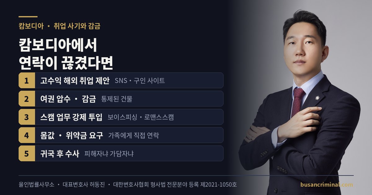 캄보디아 취업 사기·감금 구조와 귀국 후 대응 도식 (부산 변호사 허동진)