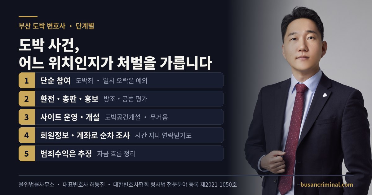 부산 도박 변호사 허동진 — 참여·환전·운영 단계별 처벌 도식