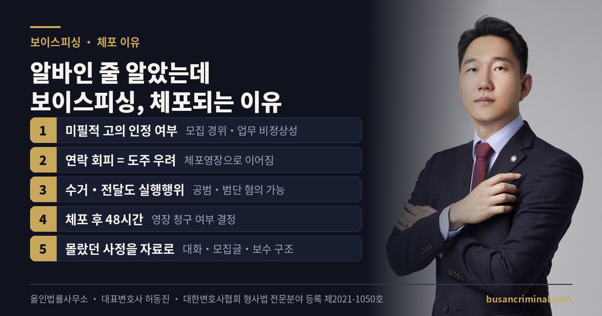 보이스피싱 알바 체포되는 이유 도식 — 미필적 고의·연락 회피·48시간 (허동진 변호사)