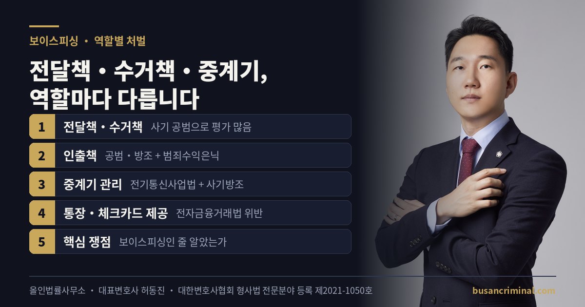 부산 보이스피싱 역할별 처벌 — 전달책·수거책·인출책·중계기 (허동진 변호사)